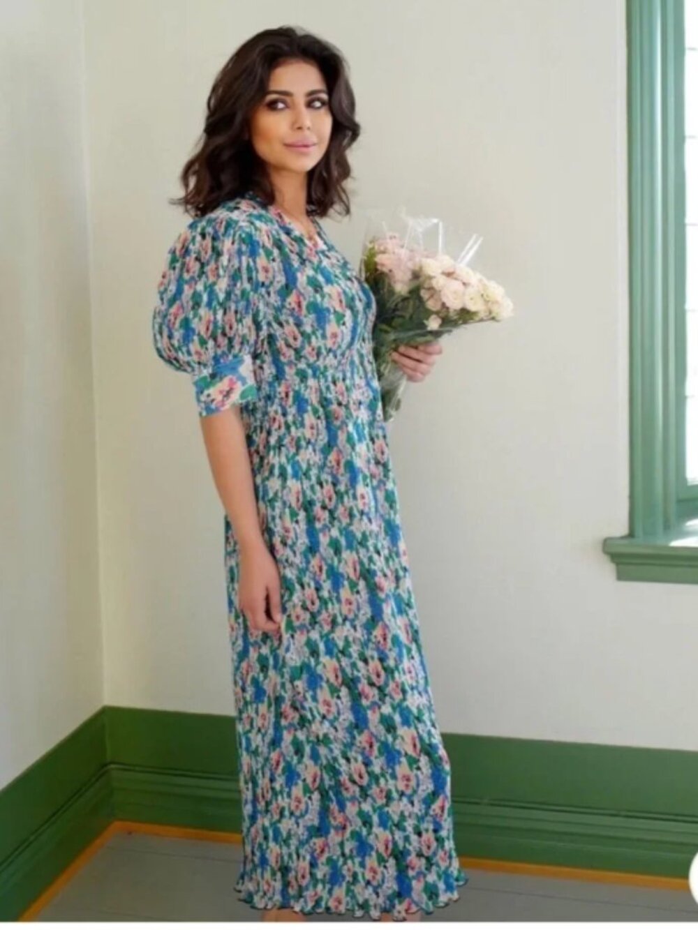 GANNI Georgette Pleated Midi Dress Puff Sleeve Floral V-Neck Wedding Guest Event